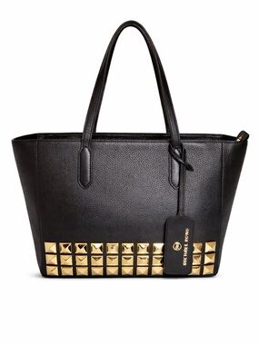 MICHAEL Michael Kors Black Leather Tote with Gold Stud Detail